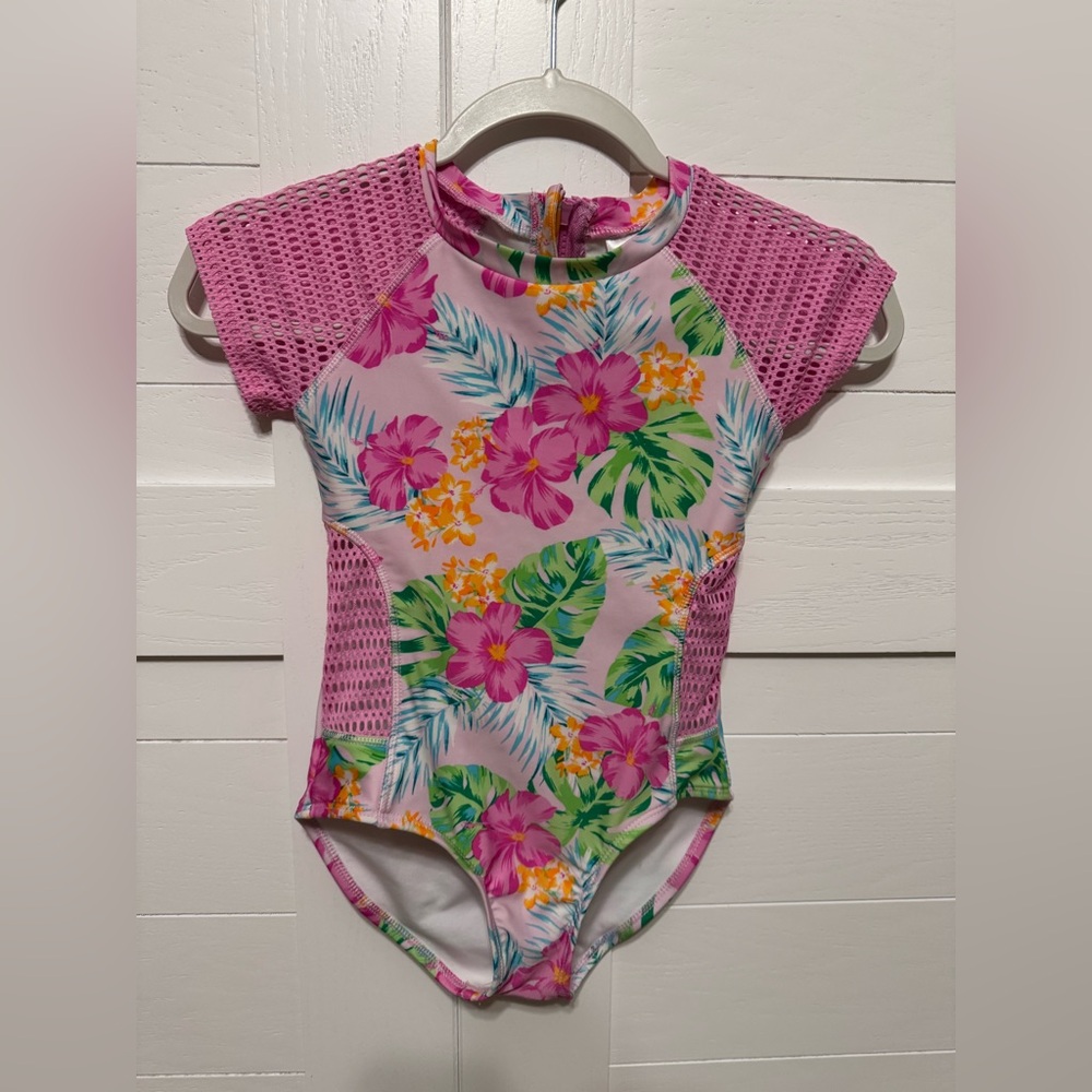 Art Class Pink and Floral Mesh Cutout bathing suit